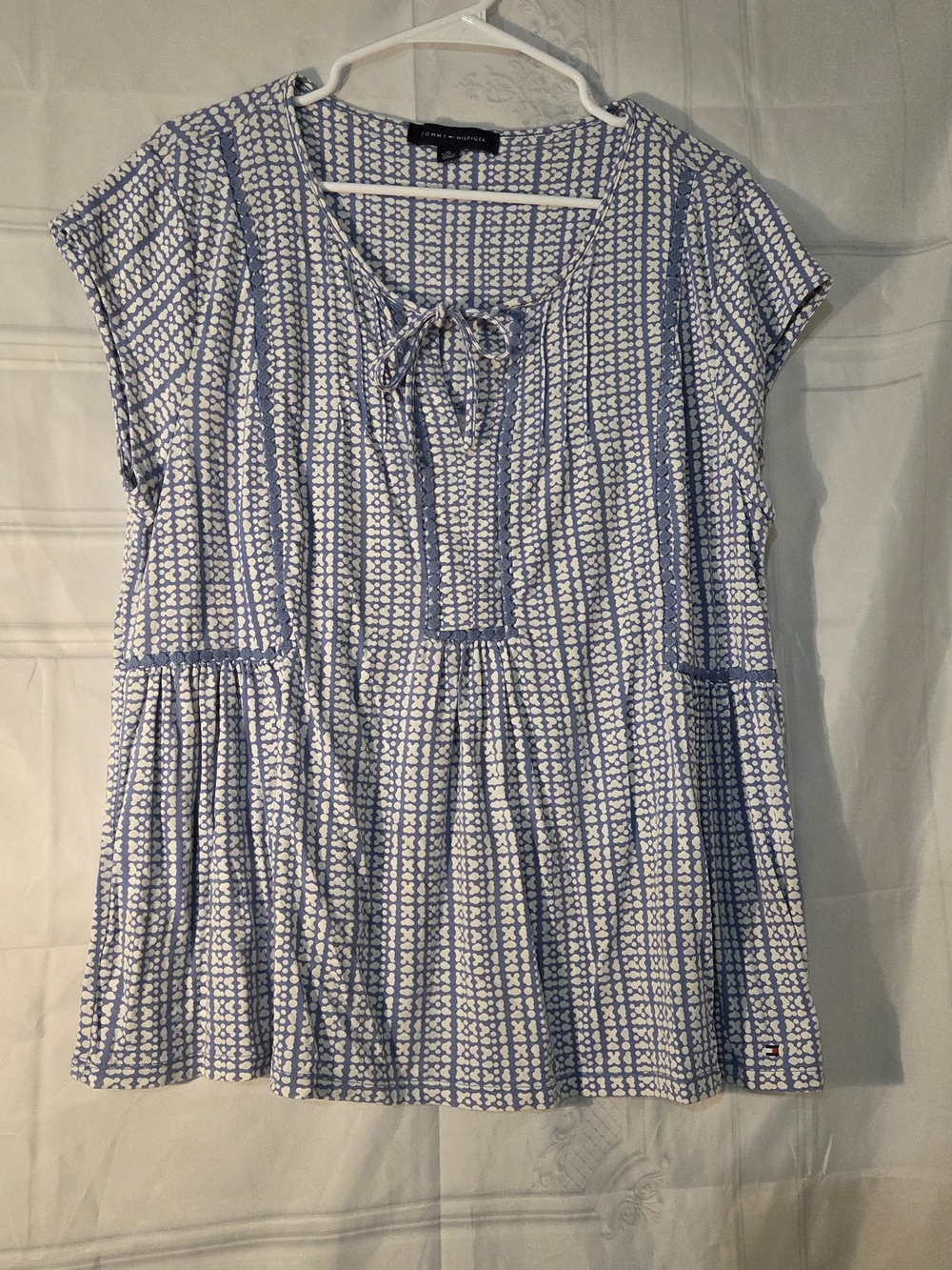 Tommy Hilfiger Blue and White Tie-Front Peplum Tunic